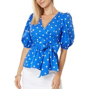 Lilly Pulitzer Kara Wrap Top Blue Polka Dot Puff Sleeve
